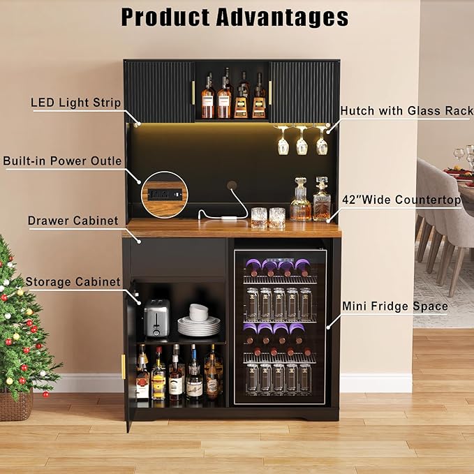 GDLF 72" Tall Bar Cabinet with Fridge Space, Fluted Coffee Liquor Hutch Cabinet - Image 5