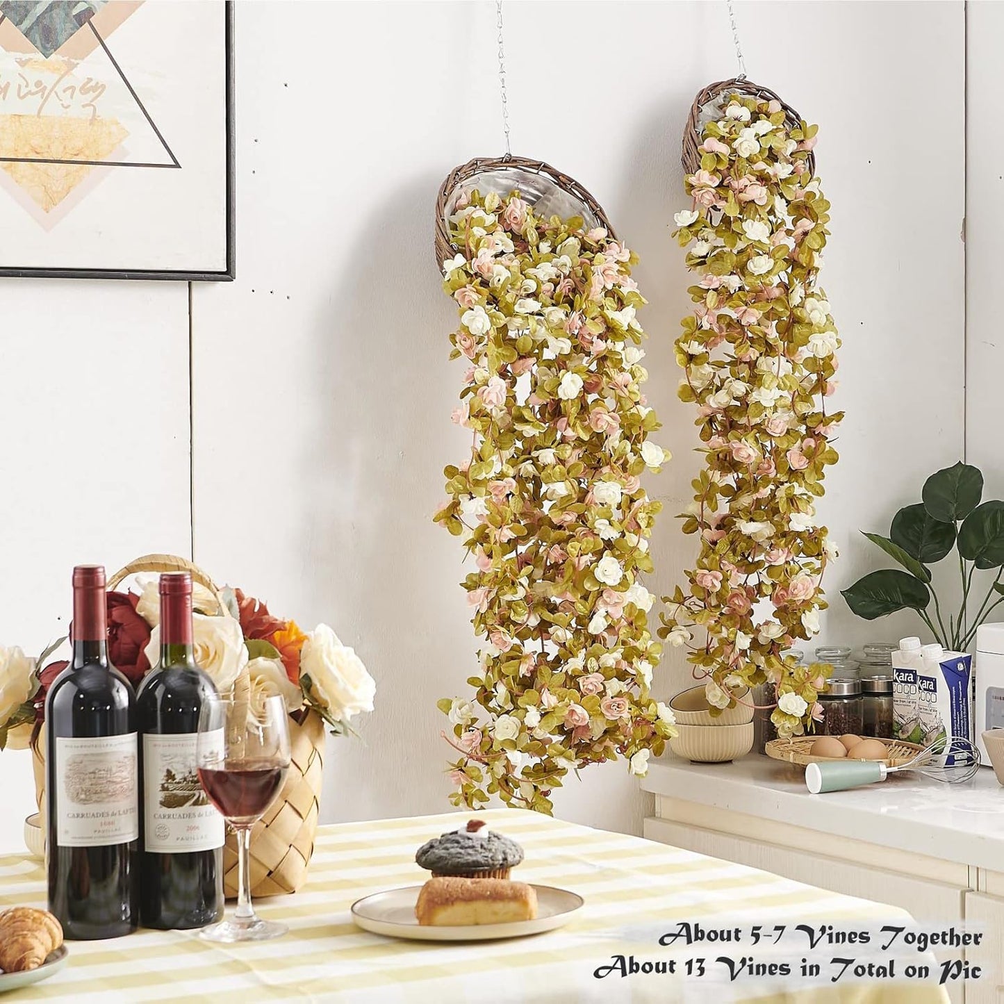 8 Pcs x 8.2 ft Flower Garland Artificial Rose Vine Flowers with Green Leaves Hanging Fake Roses Vine for Room Party Home Wedding Birthday Christmas Wall Arch Decor, Pink White Flower