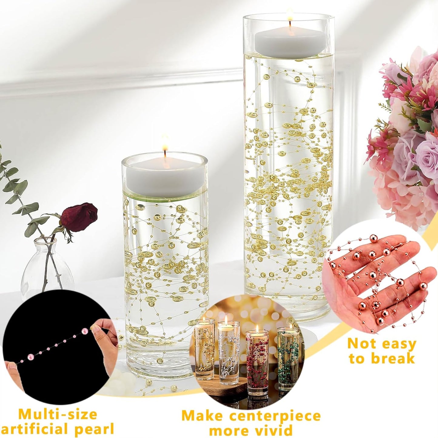 100 PCS Artificial Floating Beads for Centerpieces Vases, Rose Gold 8+3mm String Beads for Wedding Party Faux Pearl String for Decorating, String Pearls for Crafts Vase Filler