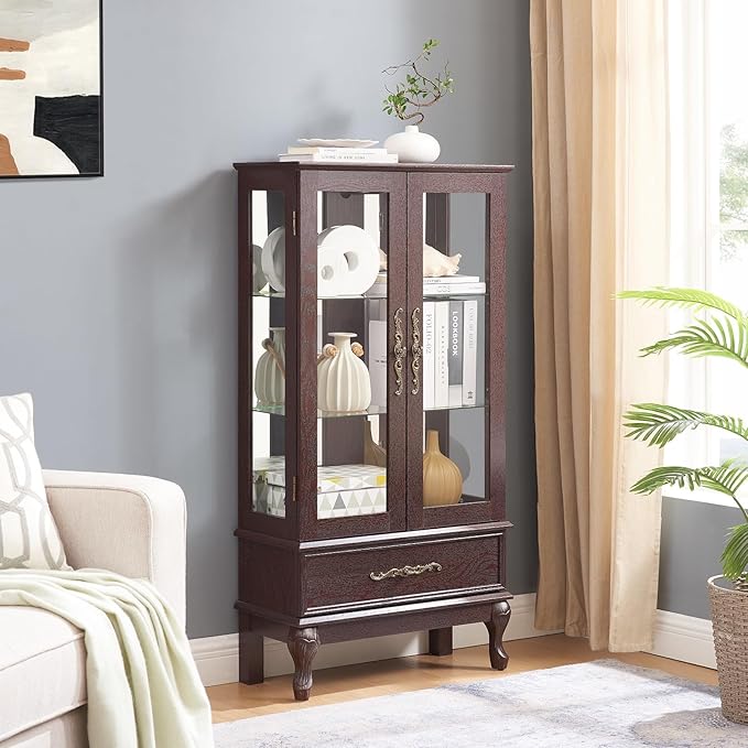 Curio Cabinet with Lighted, Tall Leg Glass Door Antique Cabinet with 1 Drawer - Image 4
