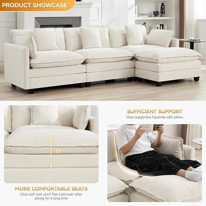 111'' Sectional Cloud Deep Seat Couch, Modern Comfy Chenille L Shaped Sectional - Image 3