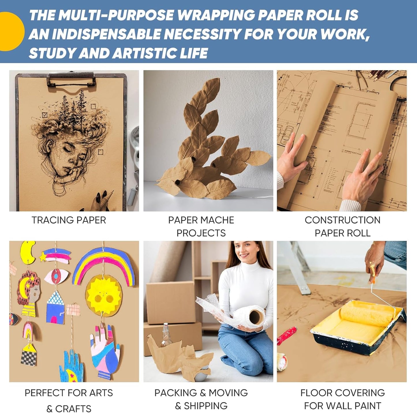 Brown Wrapping Paper, Kraft Paper Roll, Craft Decorative Paper 15" x 450", Packing Paper for Moving Shipping Supplies, Poster Bulletin Board Paper Roll, Father Day Bouquet Flower Arts Crafts Gift Wrap