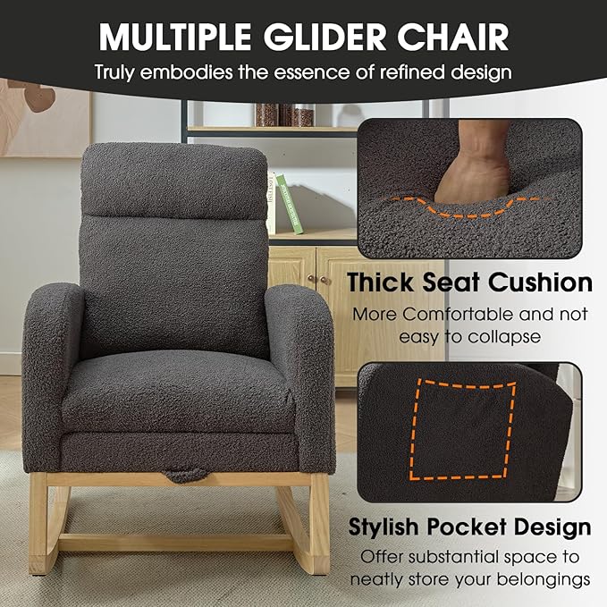 NIOIIKIT Modern Nursery Rocking Chair, Teddy Upholstered Rocking Chair - Image 7