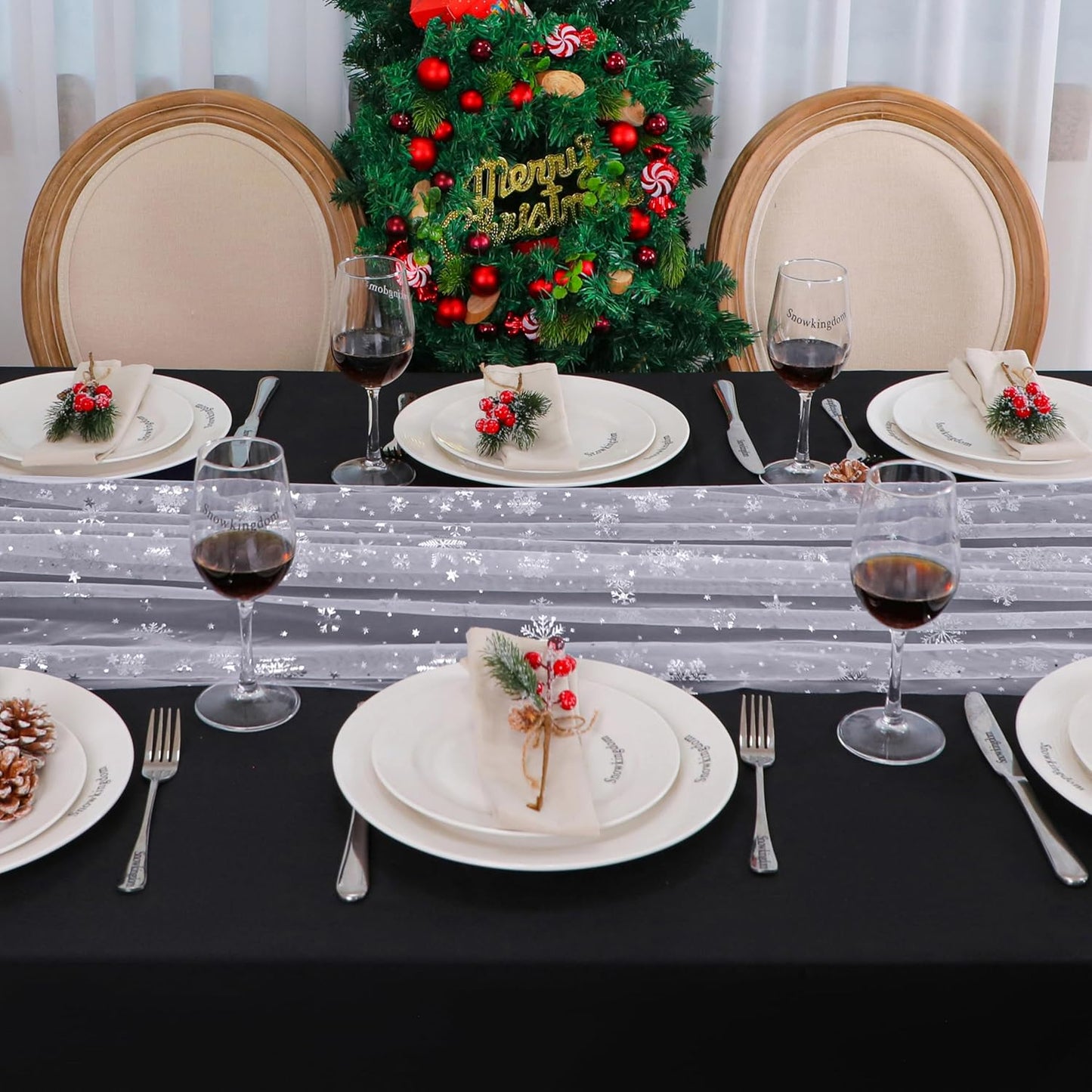 Snowkingdom 6 Pcs Christmas Snowflake Table Runners, 120 Inch Sheer Chiffon Gauze Cheesecloth, Silver Glitter Sequin Metallic Party Dining Table Decorations for Christmas Winter Holiday New Year