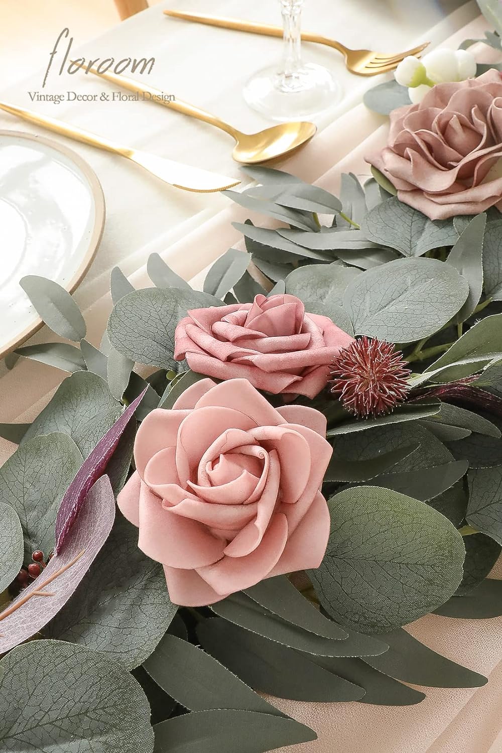 Floroom 6ft Artificial Eucalyptus Garland with Flowers Fake Greenery Faux Floral Vine Garland for Table Decor Wedding Centerpieces Bridal Shower Party Decorations, Dusty Rose & Mauve