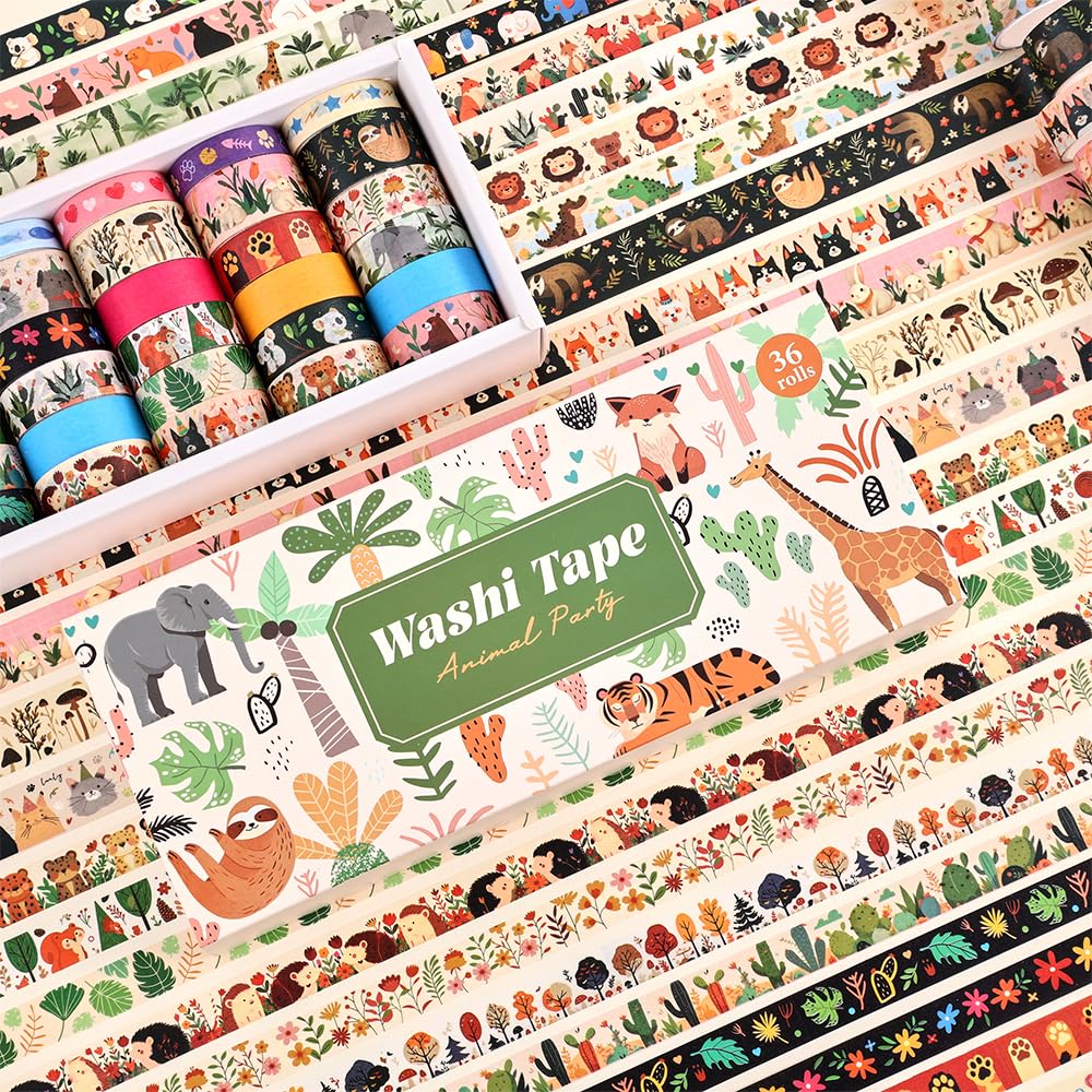 36 Rolls Animal Theme Washi Tape Set, Colorful Cute Adorable Animals Writable Decorative Tapes for Scrapbooking, Bible Journaling, Bullet Journaling, 0.6"x79" per Roll