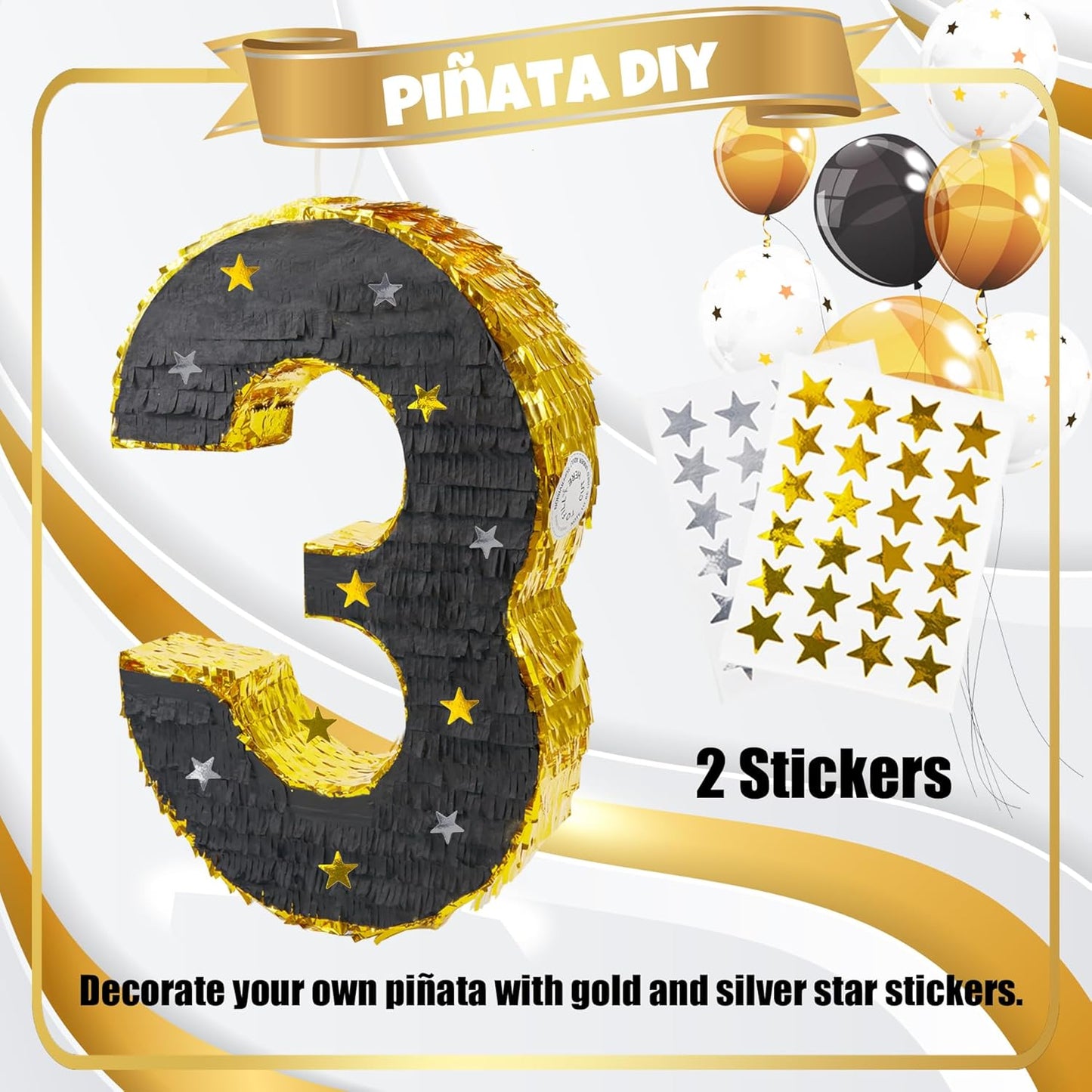 PCFING 20 Inch Number 3 Piñata Gold Black with 30 Inch Piñata Stick Blindfold Confetti for Man Women Boys Girls Birthday Party Decorations, Anniversary Celebration, Fiesta