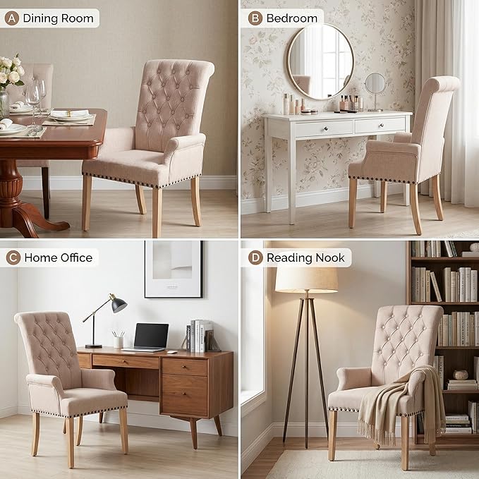 Modern Backrest Cushioned Dining Chair, Button Decorated Armrest Linen Chair - Image 4