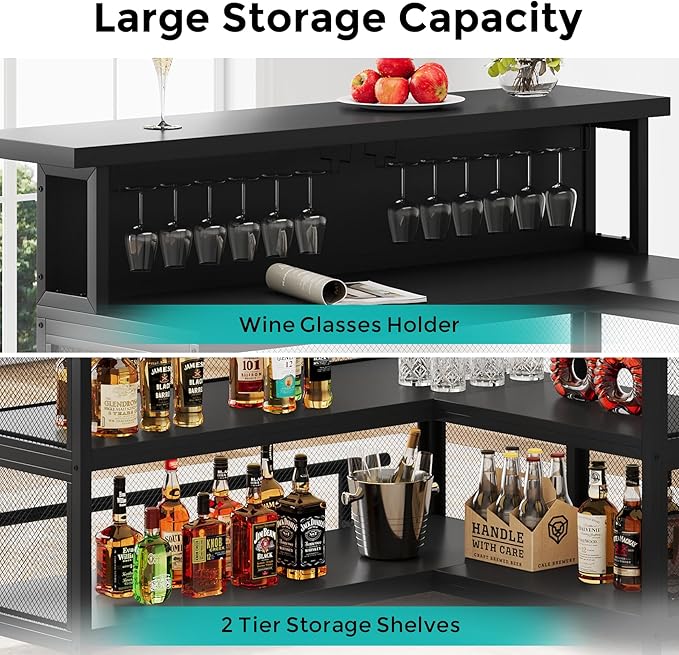 L-Shaped Home Bar Unit with Wine Glasses Holder and LED Light, Modern Bar Table - Image 7