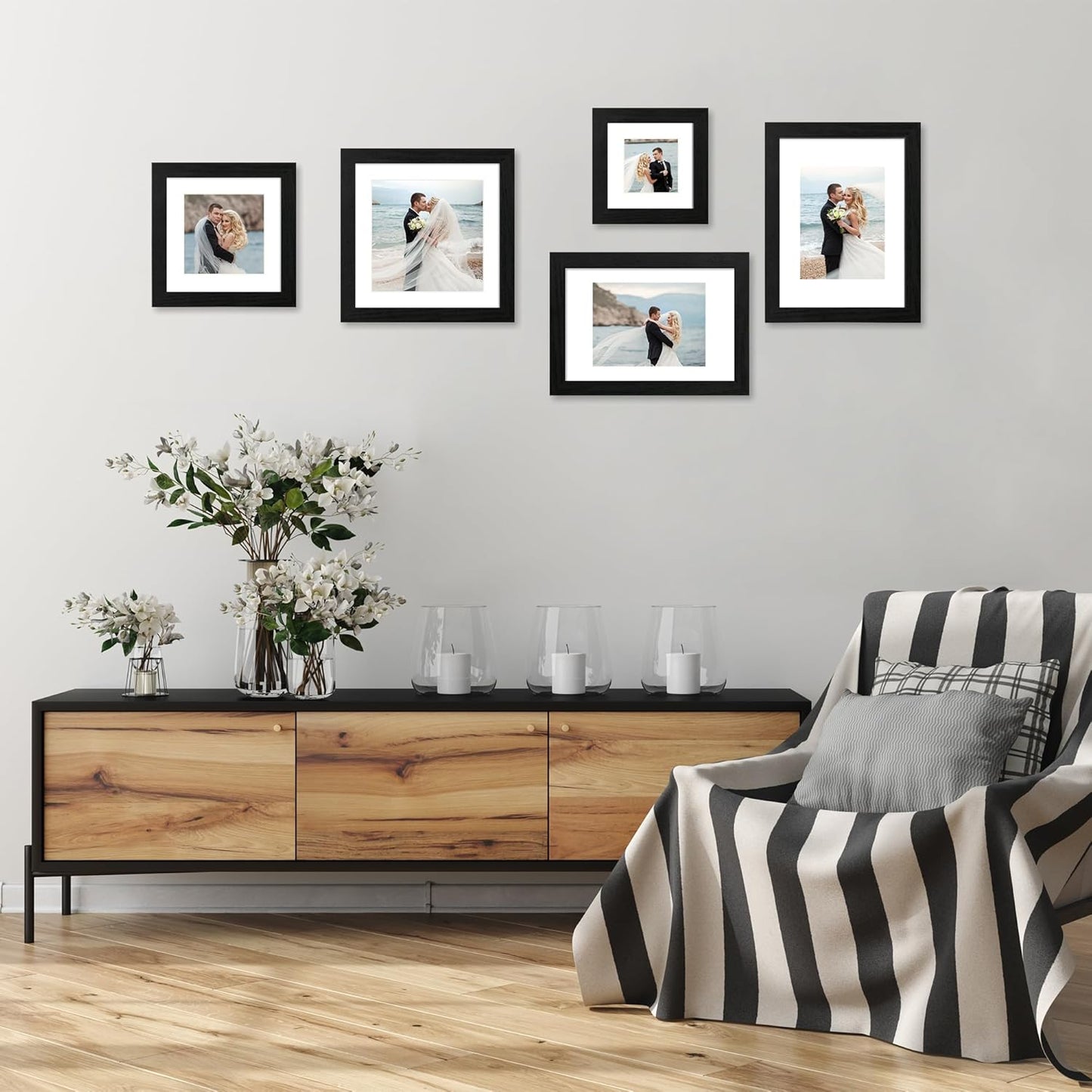 8x12 Picture Frame Set of 4 with HD Glass, Black Frame Display 6x8 Picture with Mat or 8 x 12 Without Mat, Wood Rustic Photo Frame for Tabletop and Wall Mounting