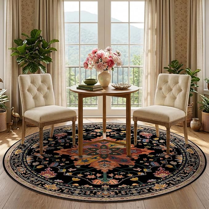 RELEANY Area Rugs Round 5ft Washable Non-Slip, Floral Vintage Distress Print by RELEANY