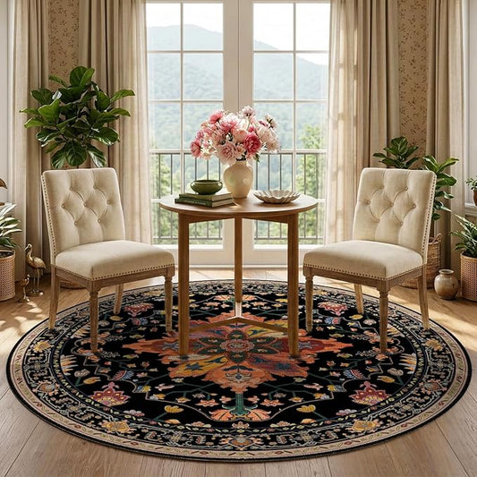 RELEANY Area Rugs Round 5ft Washable Non-Slip, Floral Vintage Distress Print by RELEANY