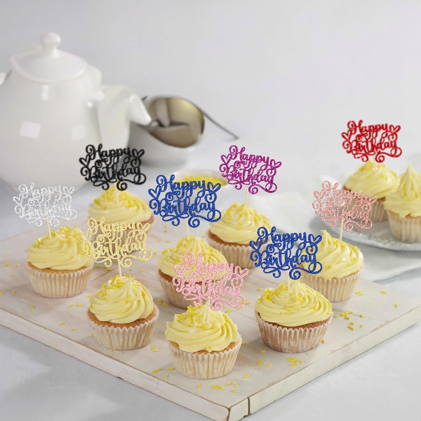 Gyufise 24Pcs Happy Birthday Cupcake Toppers Glitter Happy Birthday Cupcake Picks for Celebrating Happy Birthday Party Decor Anniversary Theme Party Cake Decorations Supplies Multicolor