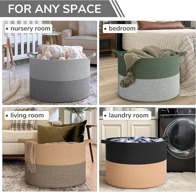 INDRESSME 115L Extra Large Blanket Basket, Cotton Rope Basket - Image 4