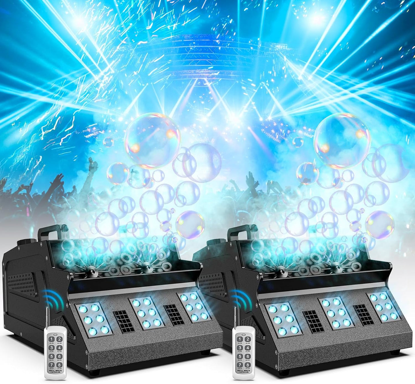 2000W Fog Machine, 3 in 1 Fog Bubble Machine with 2 Bubble Fans, 18 RGB LED Lights Smoke Bubble ALL IN ONE Fog Machine, Bubble Machine for Halloween Christmas Party Wedding, 2 Pack