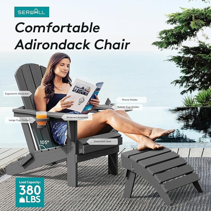 SERWALL Foldable Adirondack Chair Set of 6, HDPE Adirondack Chair - Image 6