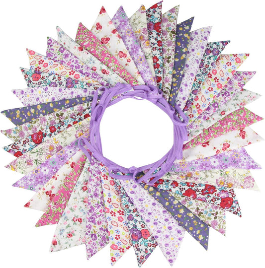 10M/32Ft Triangle Bunting Banner, 36 Pcs Cotton Fabric Flags Pennant Garlands for Birthday Party, Wedding, Baby Shower, Outdoor and Home Decorations (Purple)