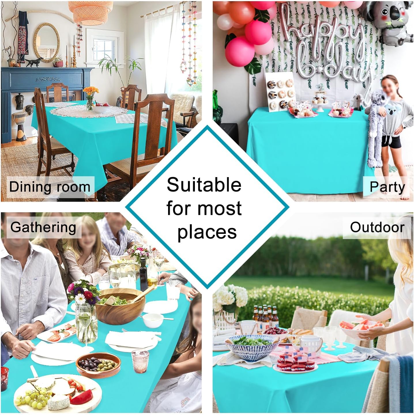 Hiasan 2 Pieces Solid Rectangle Tablecloth - Waterproof and Spillproof Washable Polyester Fabric Table Cloth for Kitchen and Dining Room, Aqua, 54 x 120 Inch