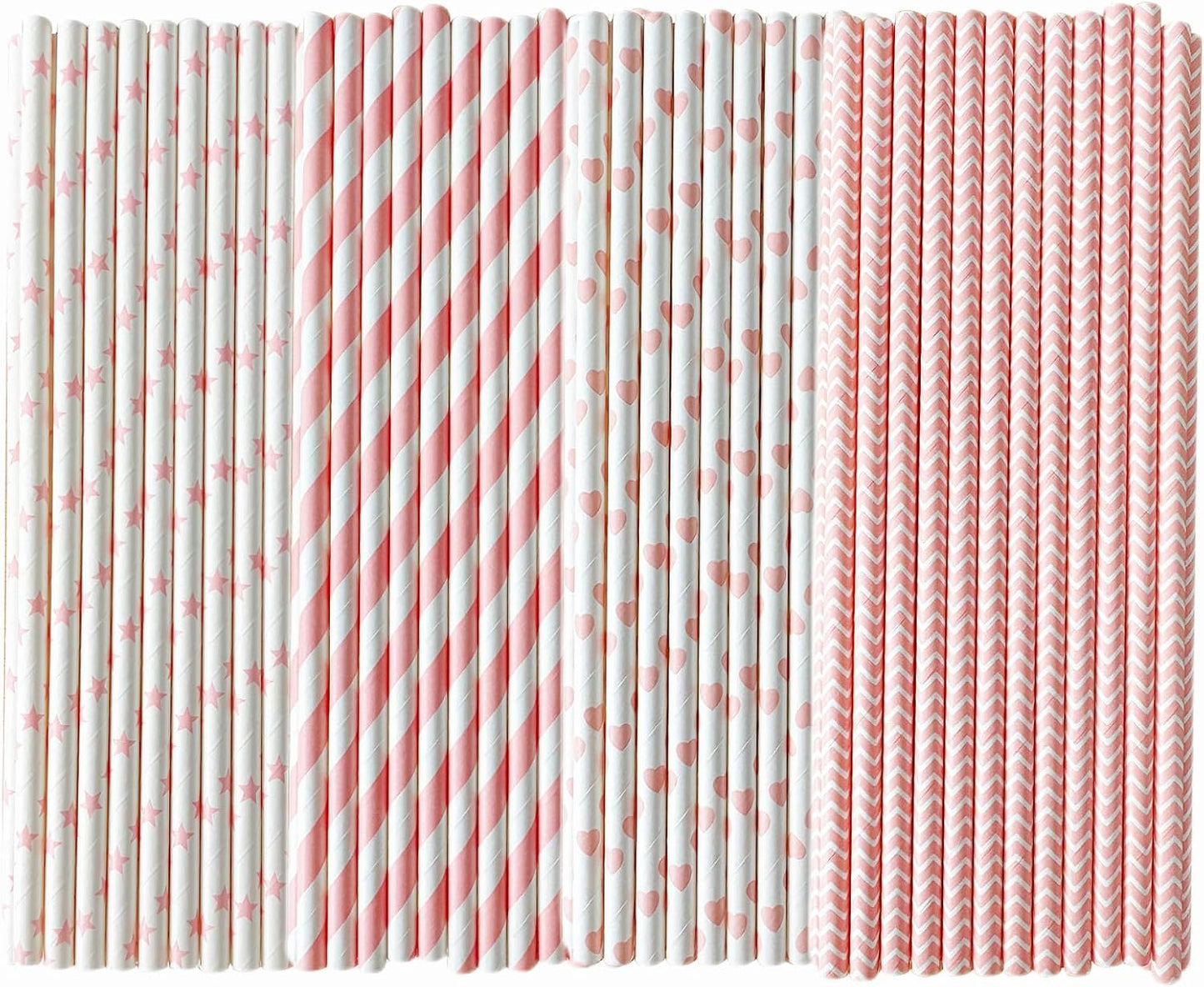 YAOSHENG [100 Pack] Pink & Gold Paper Straws Disposable, 100% Biodegradable Multi-Pattern Party Straws For Birthday, Wedding and Holiday Decoration (Light Powder Series)