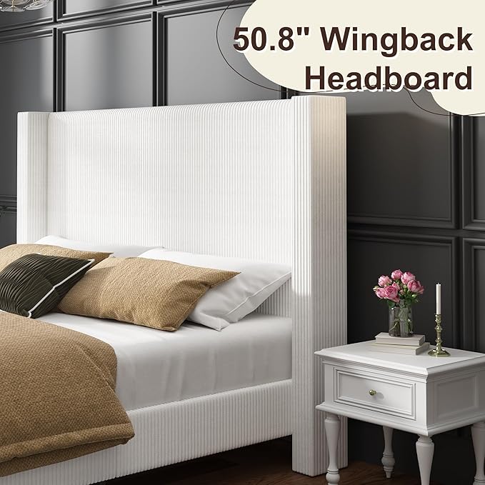 HOWE King Size Bed Frame with 50.8" Tall Wingback Headboard, Modern Corduroy - Image 5