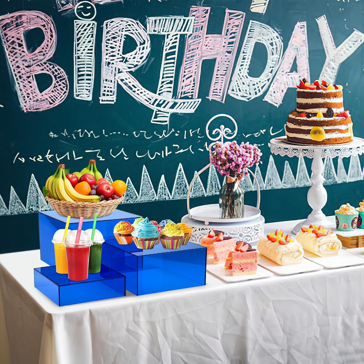 3Pcs Blue Buffet Risers Acrylic Boxes Display Food Risers for Buffet Table Platter Parties Weddings Catering Dessert Collectibles Figures Show ( 6''x7''x8'')