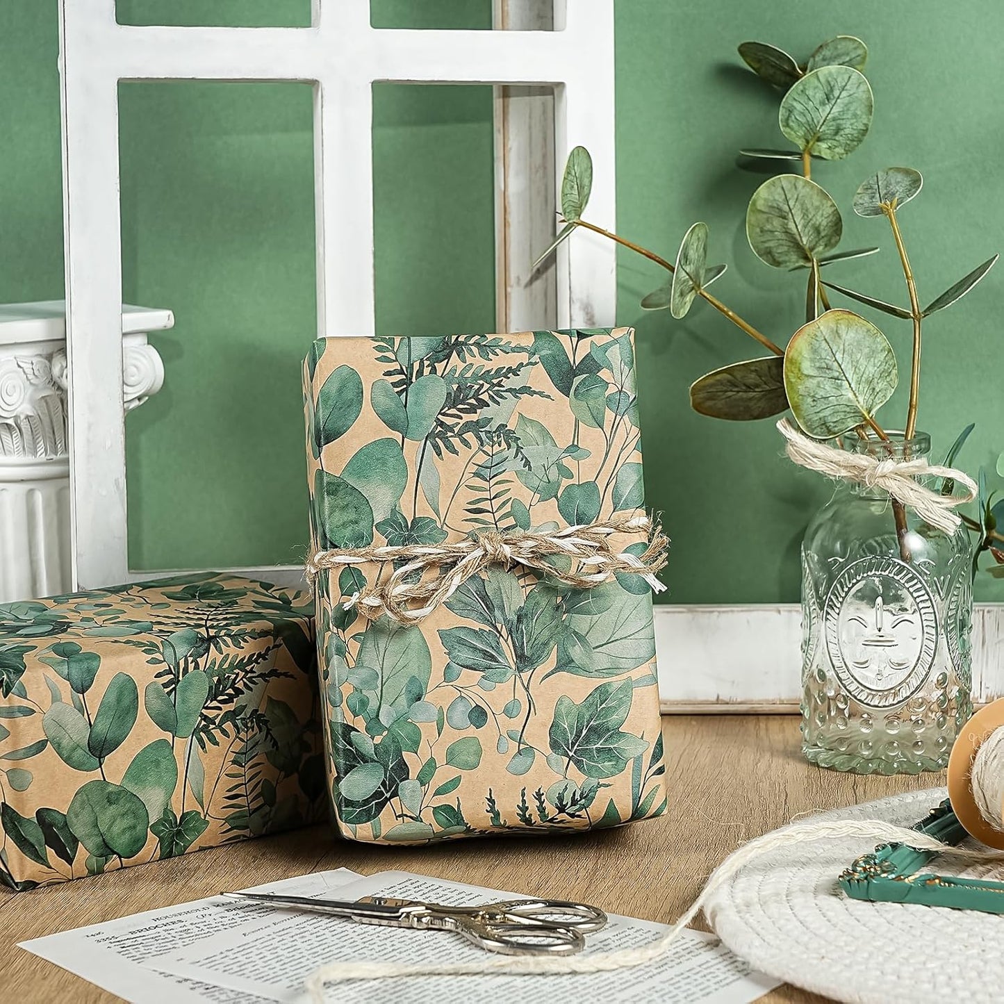 WRAPAHOLIC Kraft Eucalyptus Leaves Wrapping Paper Roll - Mini Roll - 17 Inch x 16.5 Feet - Greenery Wrapping Paper Perfect for Birthday, Wedding, Bridal Shower