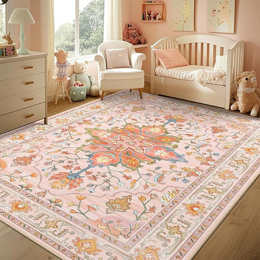 RELEANY Area Rugs 5'x7' Washable Non-Slip, Floral Vintage Distress Print by RELEANY