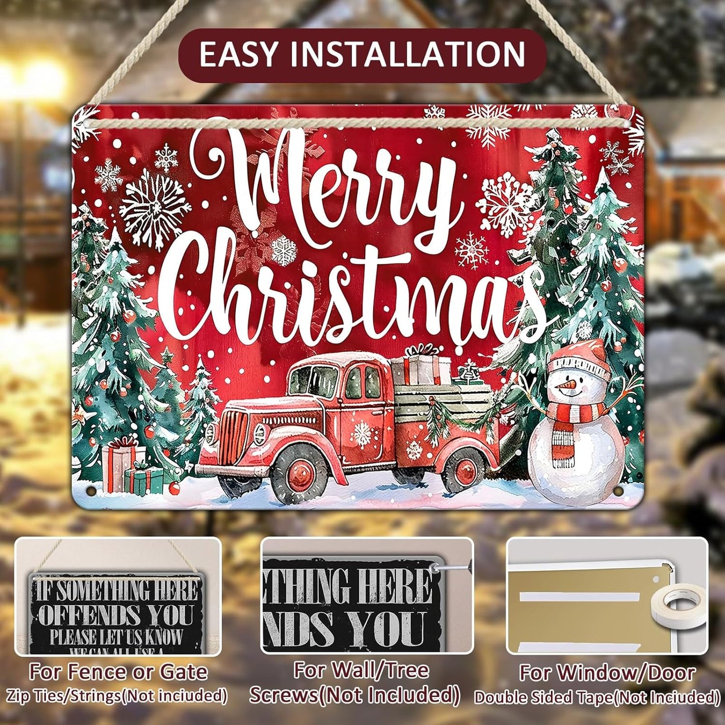 Christmas Truck Metal Tin Sign Merry Christmas Sign Funny Snowman Tin Sign Christmas Tree House Decoration for Indoor Home House Decor Party Supplies 12x16Inch