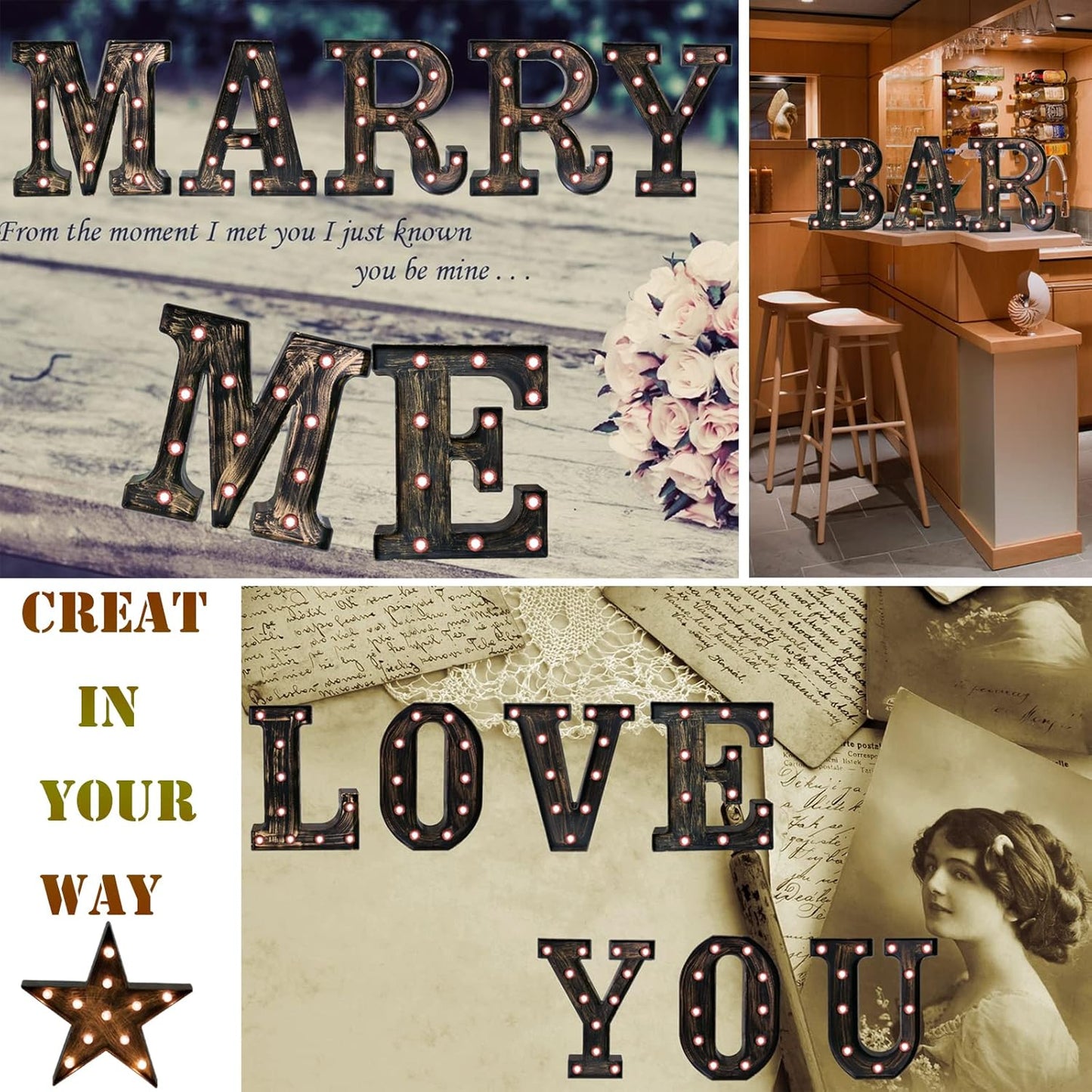 OYCBUZO Golden Black Led Marquee Letter - Industrial, Vintage Style Light Up Alphabet Letter Sign for Cafe Wedding Birthday Party Christmas Lamp Home Bar Initials Decor - A