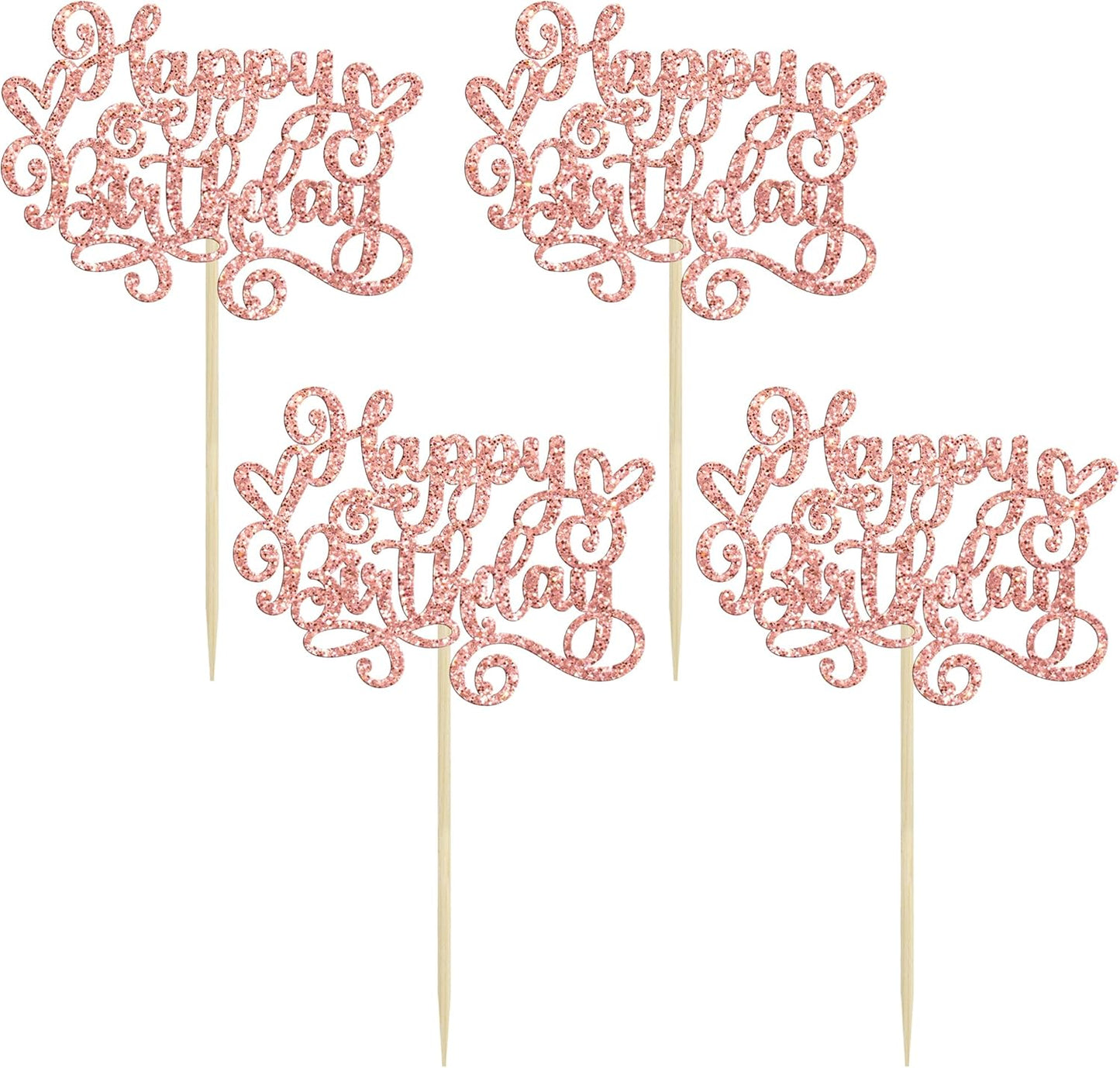 Gyufise 24Pcs Happy Birthday Cupcake Toppers Glitter Happy Birthday Cupcake Picks for Celebrating Happy Birthday Anniversary Theme Party Cake Decorations Supplies Rose Gold