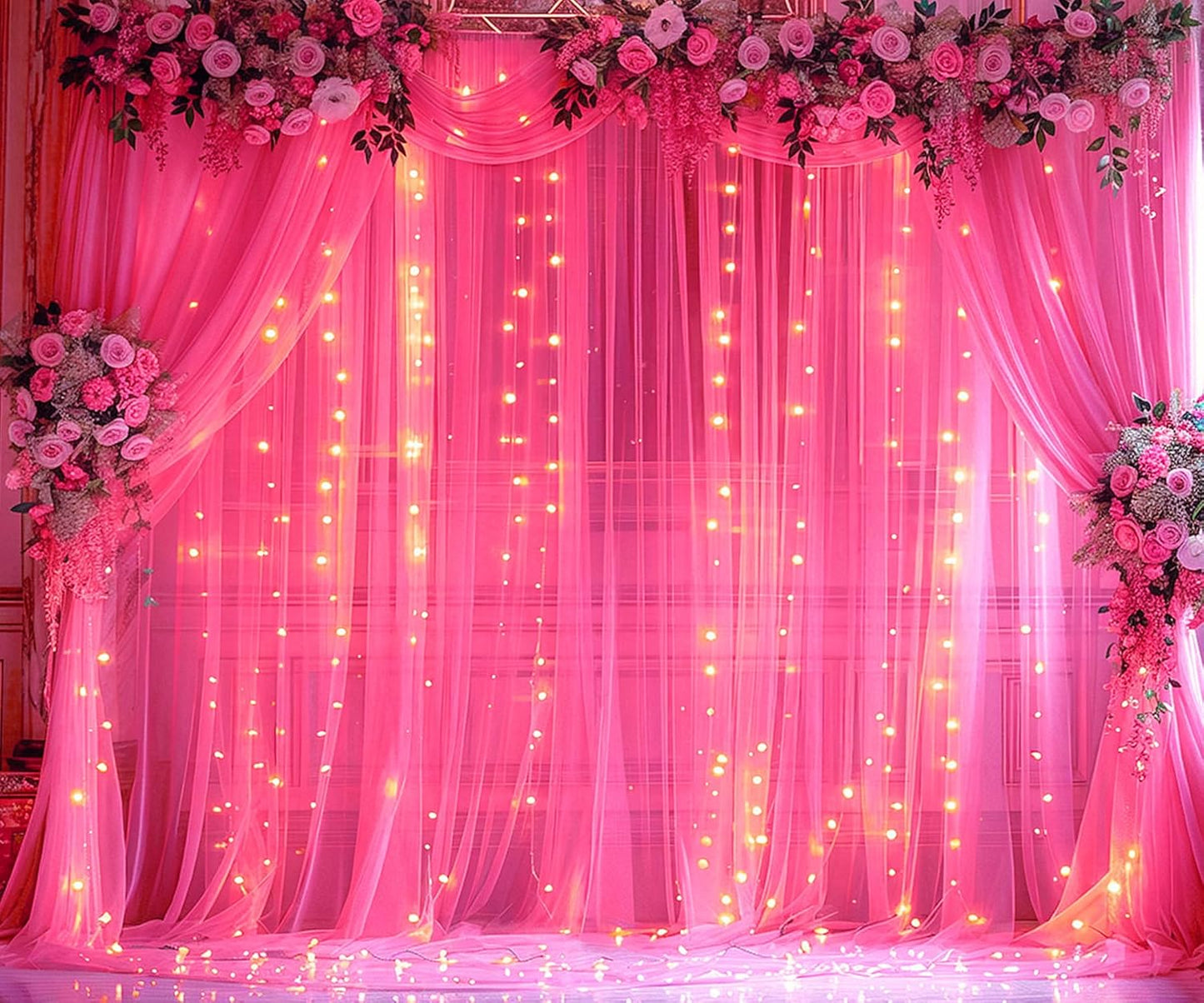 Hot Pink Tulle Backdrop Curtain with Lights String for Parties 30x8ft Fuchsia Sheer Backdrop Curtains for Weddings Birthday Party Baby Shower Photo Shoot Background Decorations(6 Panels 5ft×8ft)