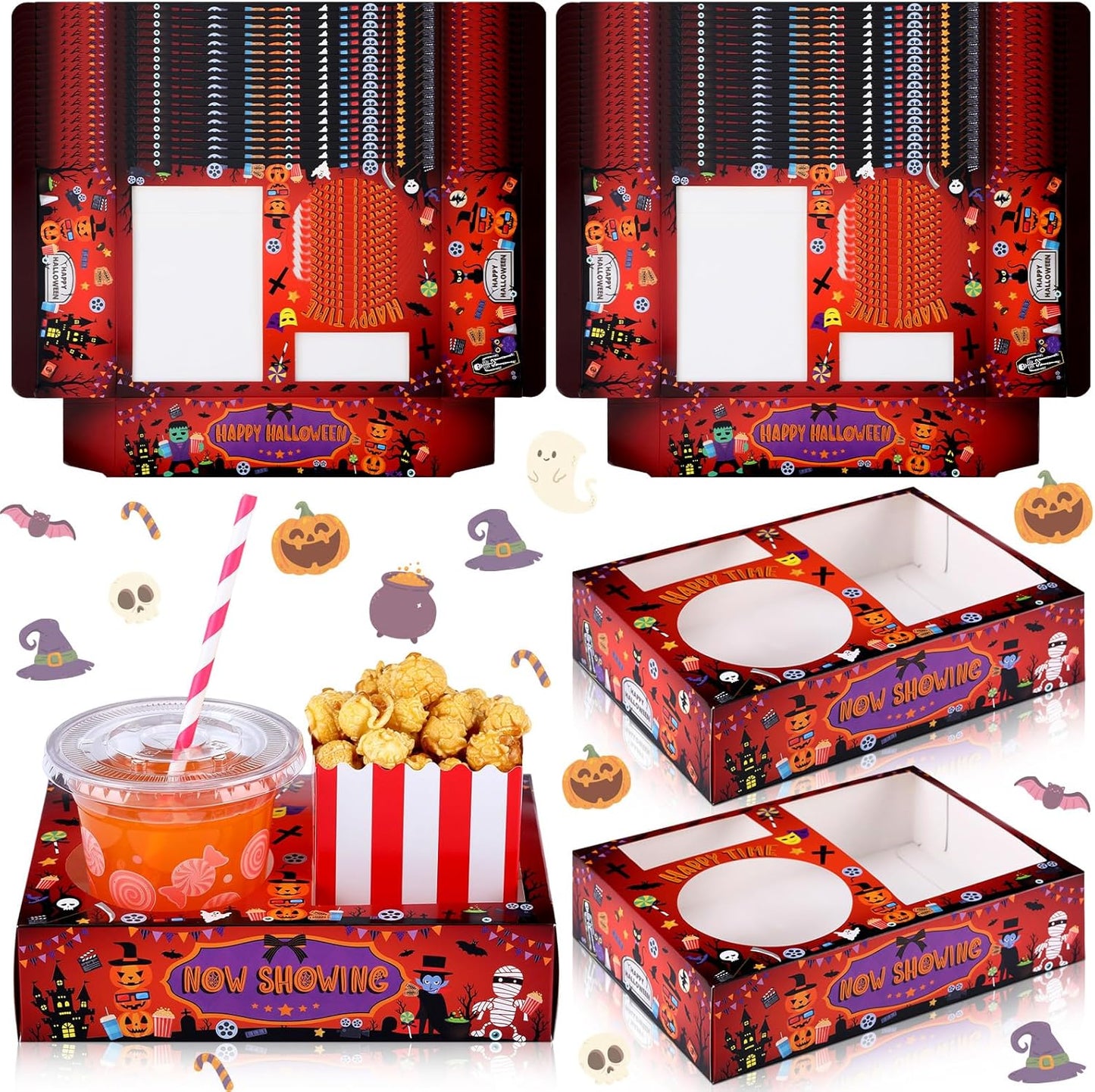 Faccito 36 Pcs Movie Night Snack Trays Movie Theater Snack Boxes Night Supply Disposable Paper Holder Tray for Popcorn Food Candy Drink Party 8 x 6 Inch (Red Black,Pumpkin Style)