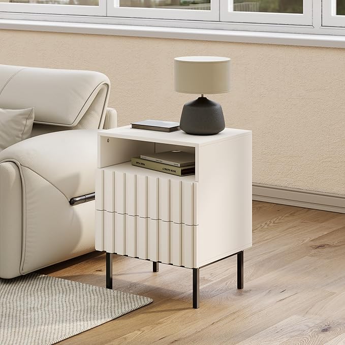 UEV Beige Fluted Nightstand Set of 2, Modern Nightstand - Image 2