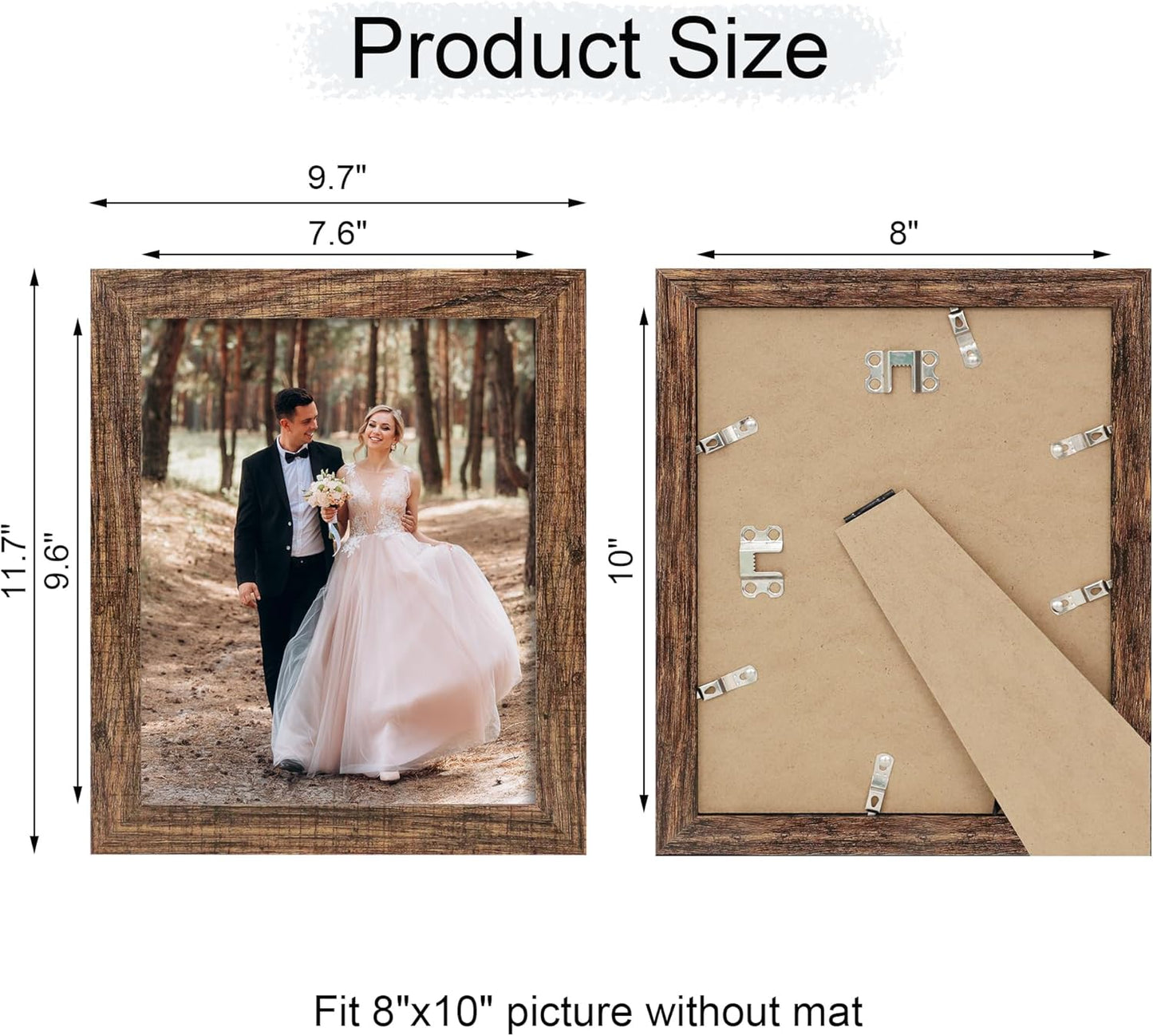 8x10 Picture Frame Set of 4, High Definition Glass Brown Frame, 8 x 10 Wood Rustic Picture Frames for Horizontal or Vertical Table Top and Wall Mounting
