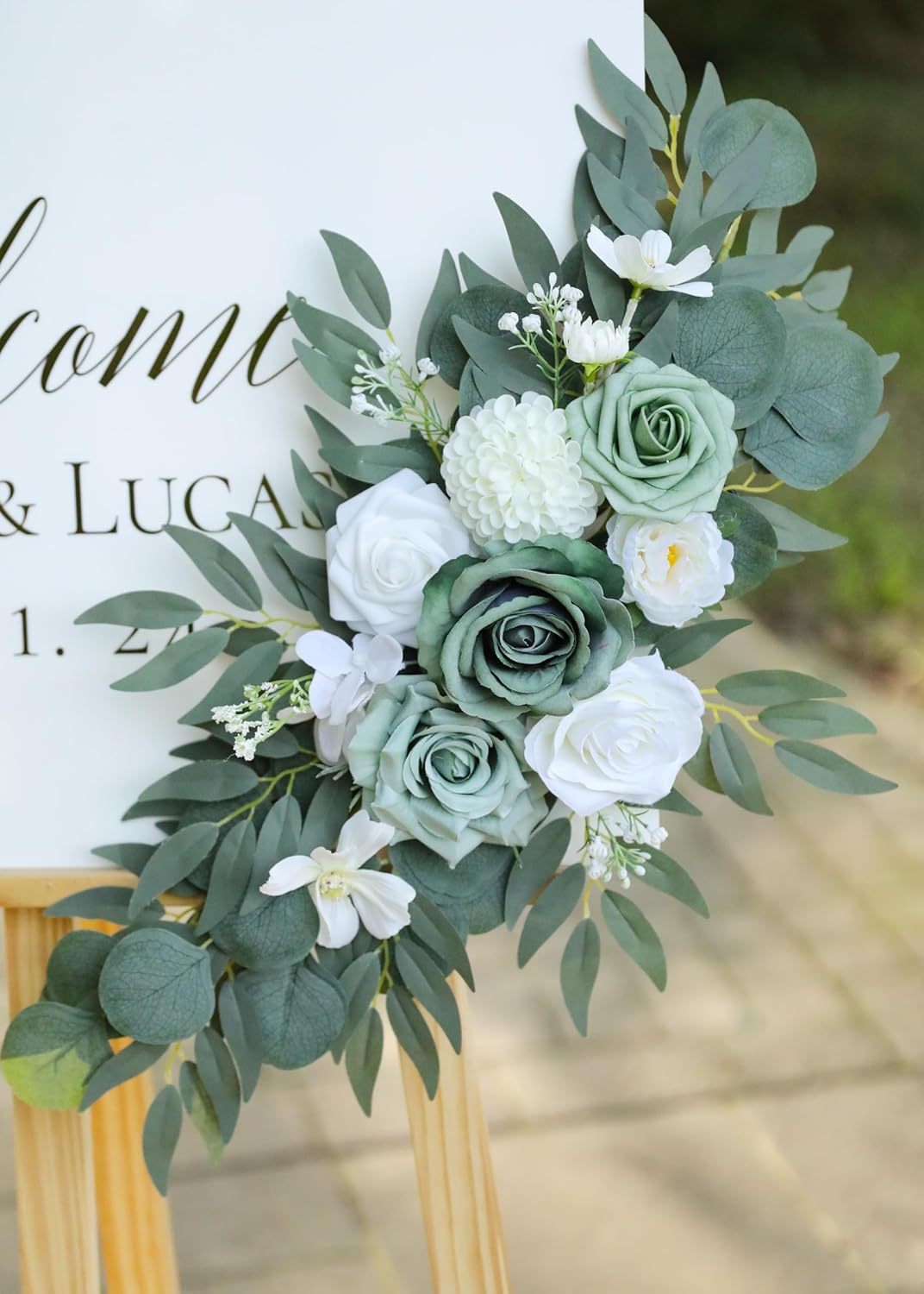 Artificial Sage Green Wedding Arch Flowers Swags Set of 2 for Welcome Signs, Reception and Ceremony Decorations - White Floral Decor