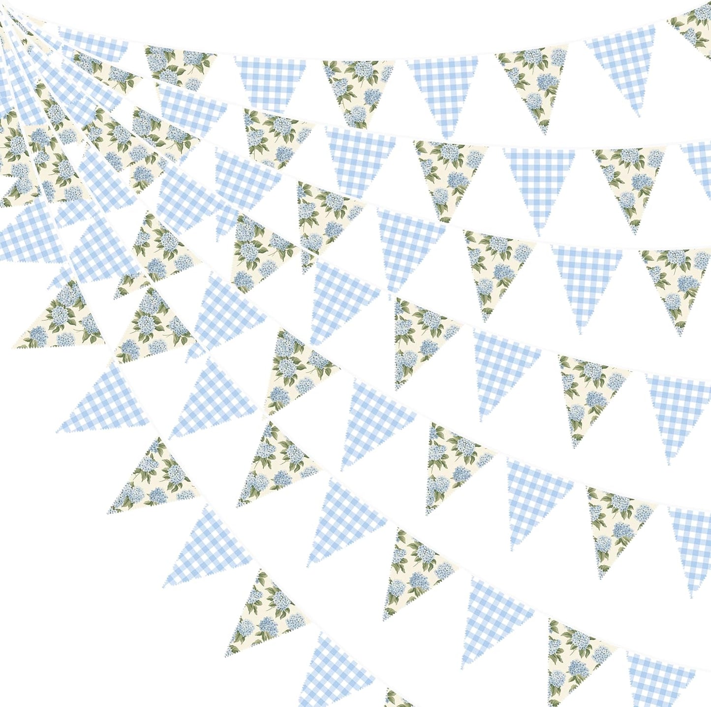 32Ft Blue Flora Party Decorations Blue Gingham HydrangeaTriangle Flag Fabric Banner Pennant Garland Streamer for Flora Birthday Vintage Flower Baby Shower Wedding Tea Party Garden Decor Supplies