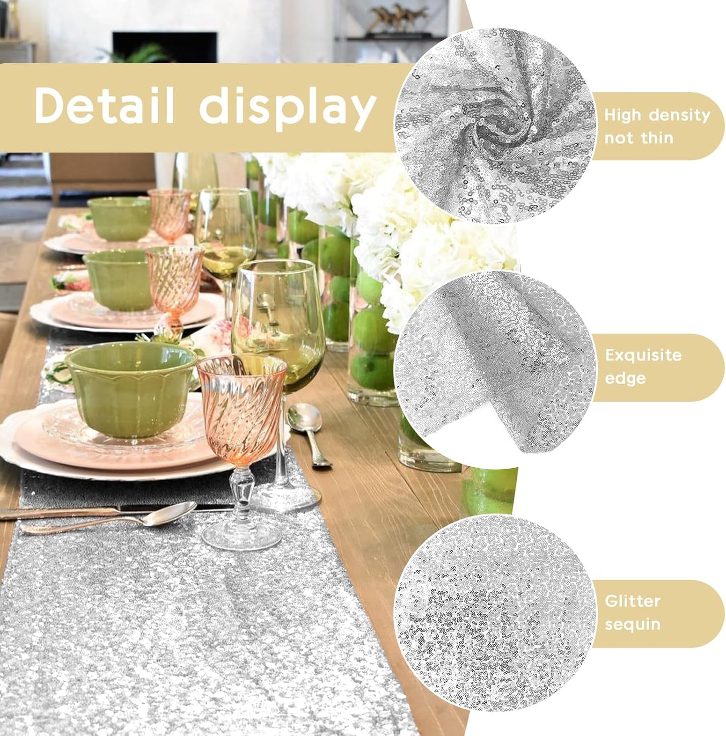 2 Packs 12 x 72 inches Sequin Table Runner, Silver Glitter Table Runner for Birthday Party Supplies Wedding Engagement Baby Shower Holiday Celebration Event Decorations