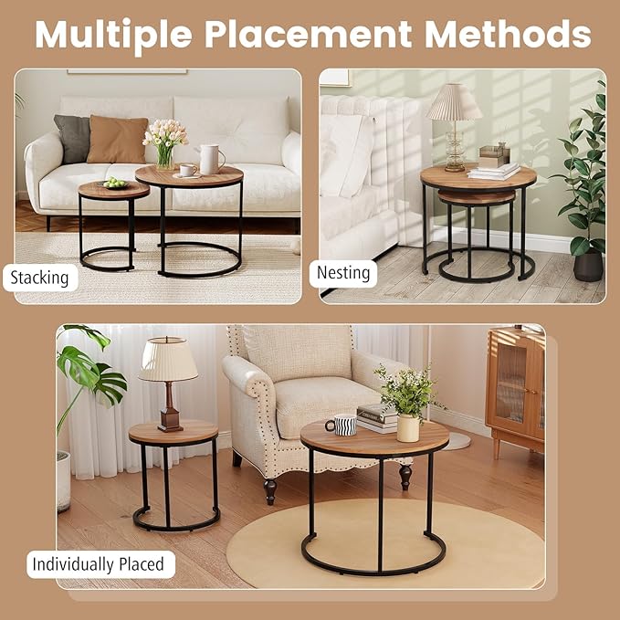 Giantex Nesting Coffee Table Set of 2, Round Stacking Side Tables w/Wooden - Image 5
