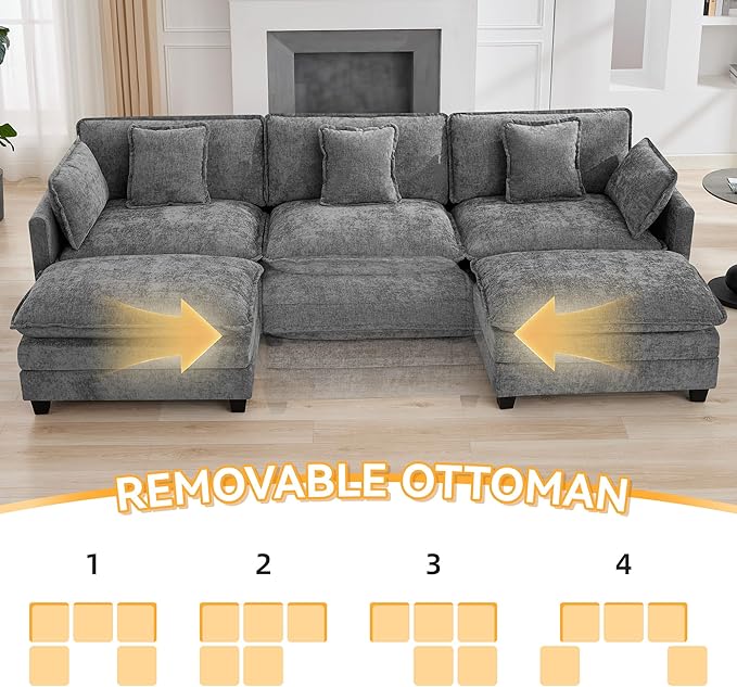 111'' Sectional Cloud Deep Seat Couch, Oversized Chenille U Shaped Sectional - Image 6