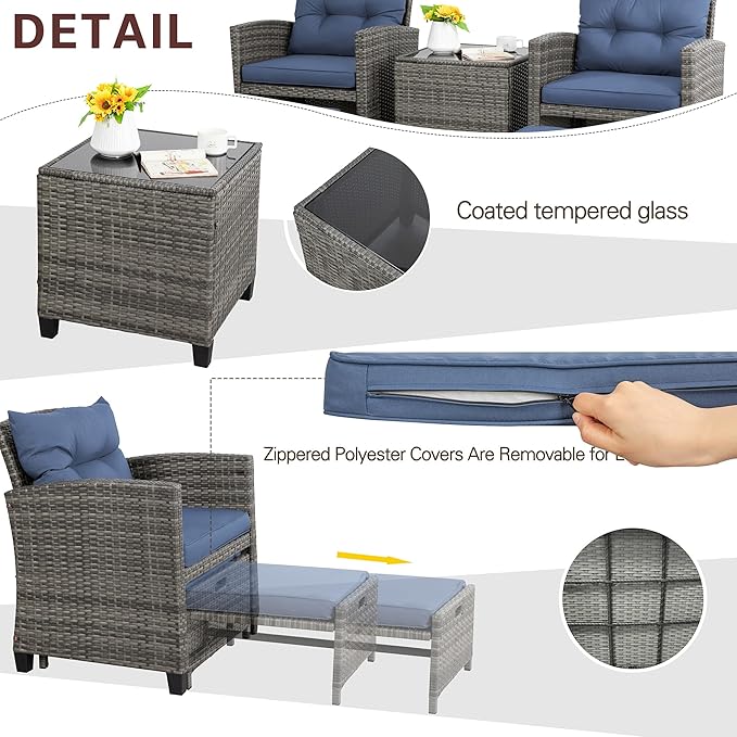 Vongrasig 5 Piece Patio Furniture Set, Small Balcony Furniture, PE Wicker - Image 4