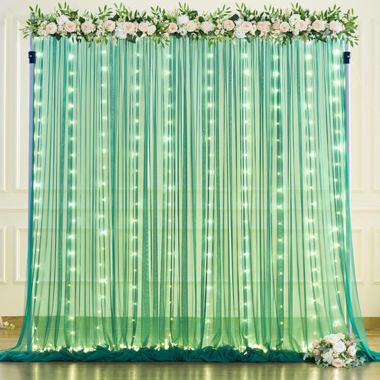 Hunter Green Tulle Backdrop Curtains with Lights String for Parites 10x8ft Sheer Backdrop Curtains Drapes for Birthday Party Bridal Shower Baby Shower Photo Booth Background Decorations