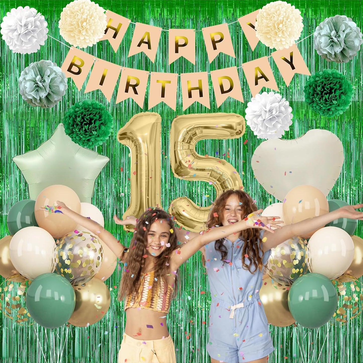 Sage Green 15th Birthday Decorations for Boys Girls Gold Number 15 Balloon Nude Gold Happy Birthday Banner Fringe Curtain Paper Pom Poms Olive Green Cream White Sand Star Foil Balloons Party Decor