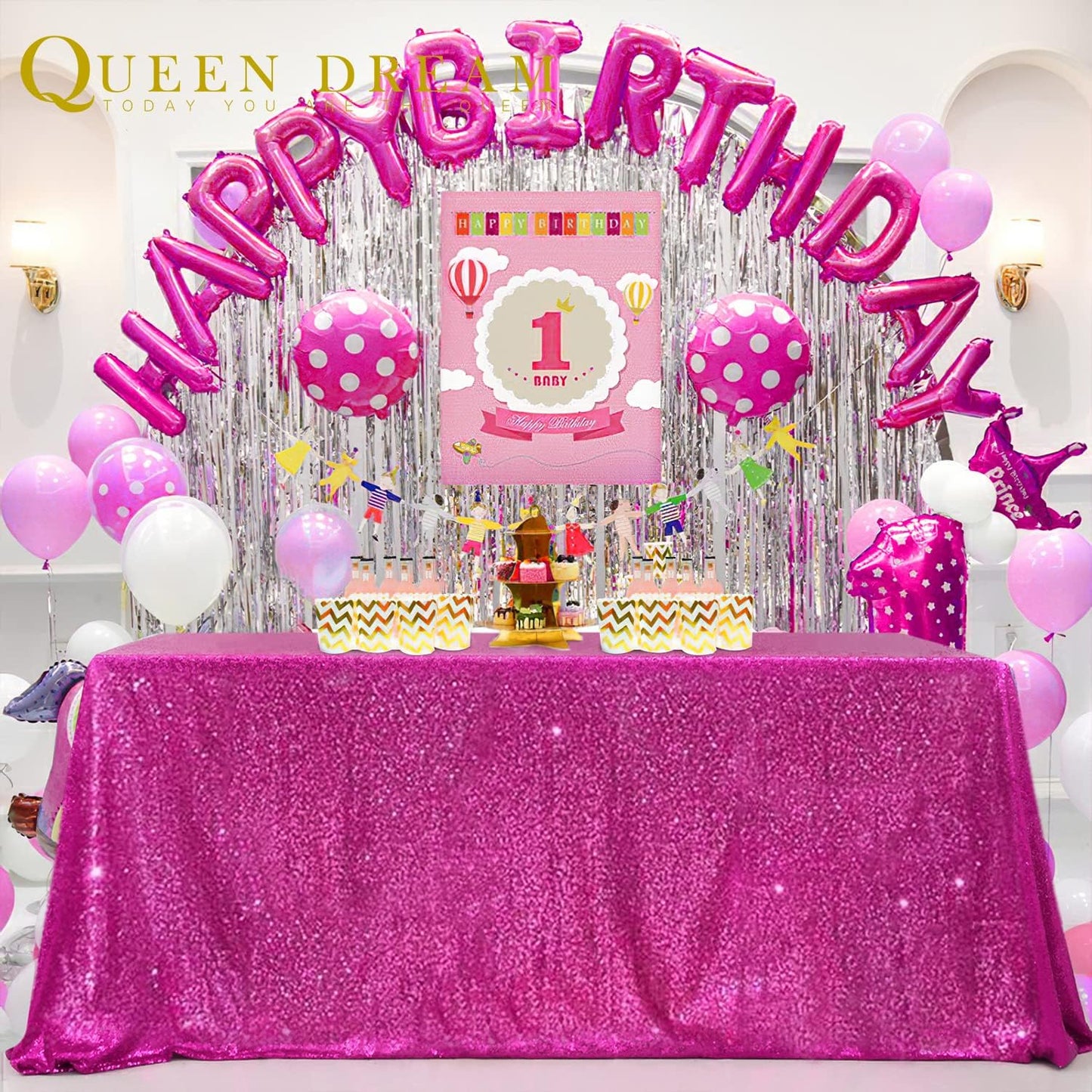 QueenDream Hot Pink Wedding Sequin Tablecloth 90 x 156 Inch Rectangle Glitter Table Cloth for Birthday Party Baby Shower Decor