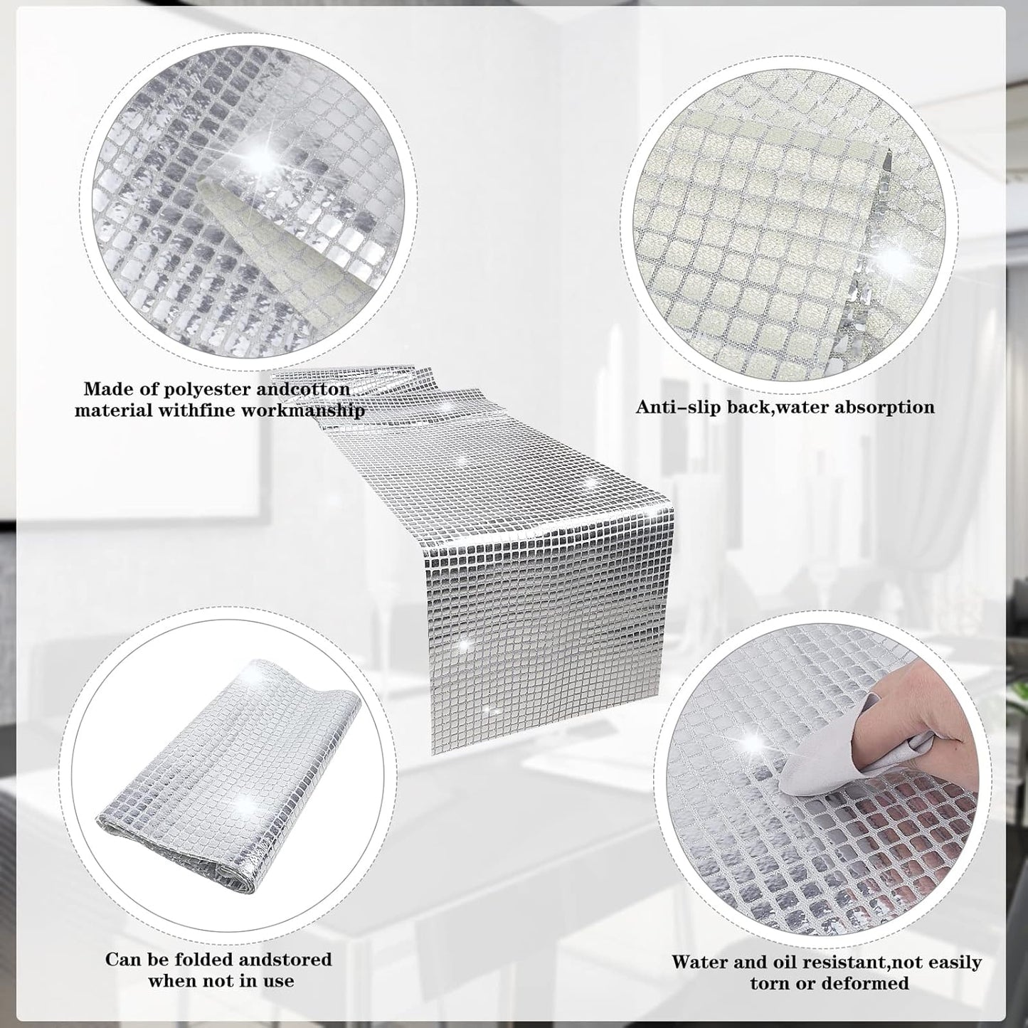 12 x 108 Inches Glitter Disco Table Runner - Retro 70s 80s Theme Decor - Silver Sequin - Bachelorette & Wedding Party Supplies