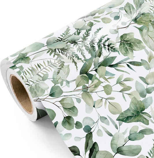 WRAPAHOLIC Eucalyptus Leaves Wrapping Paper Roll - Mini Roll - 17 Inch x 9.8 Feet - Greenery Wrapping Paper Perfect for Birthday, Wedding, Bridal Shower