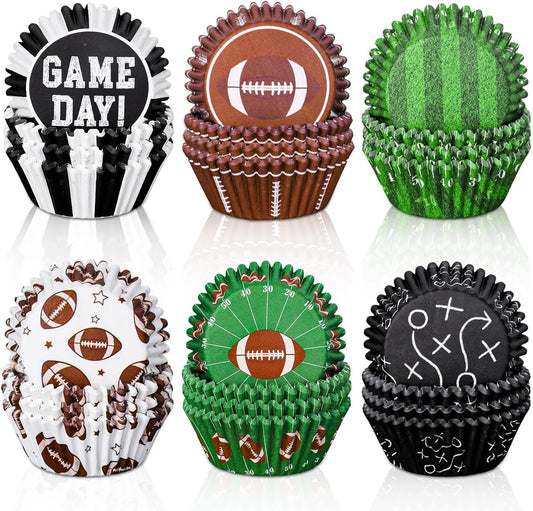Whaline 600Pcs Football Cupcake Liners 6 Styles Rugby Cupcake Wrappers Baking Cups Holders Sports Theme Muffin Baking Liners for Birthday Party Holiday Party Post-match Celebration