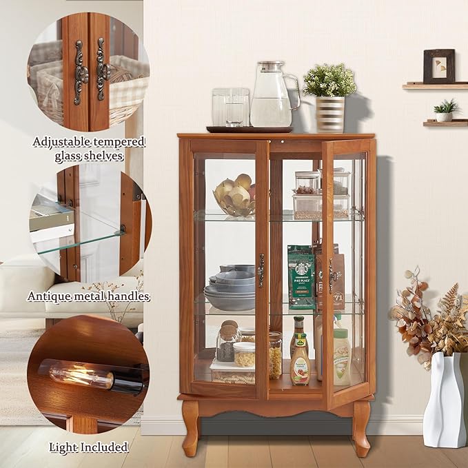 Curio Cabinet With Lighted Tall Leg Glass Door, Antique Display With Mirrored - Image 3
