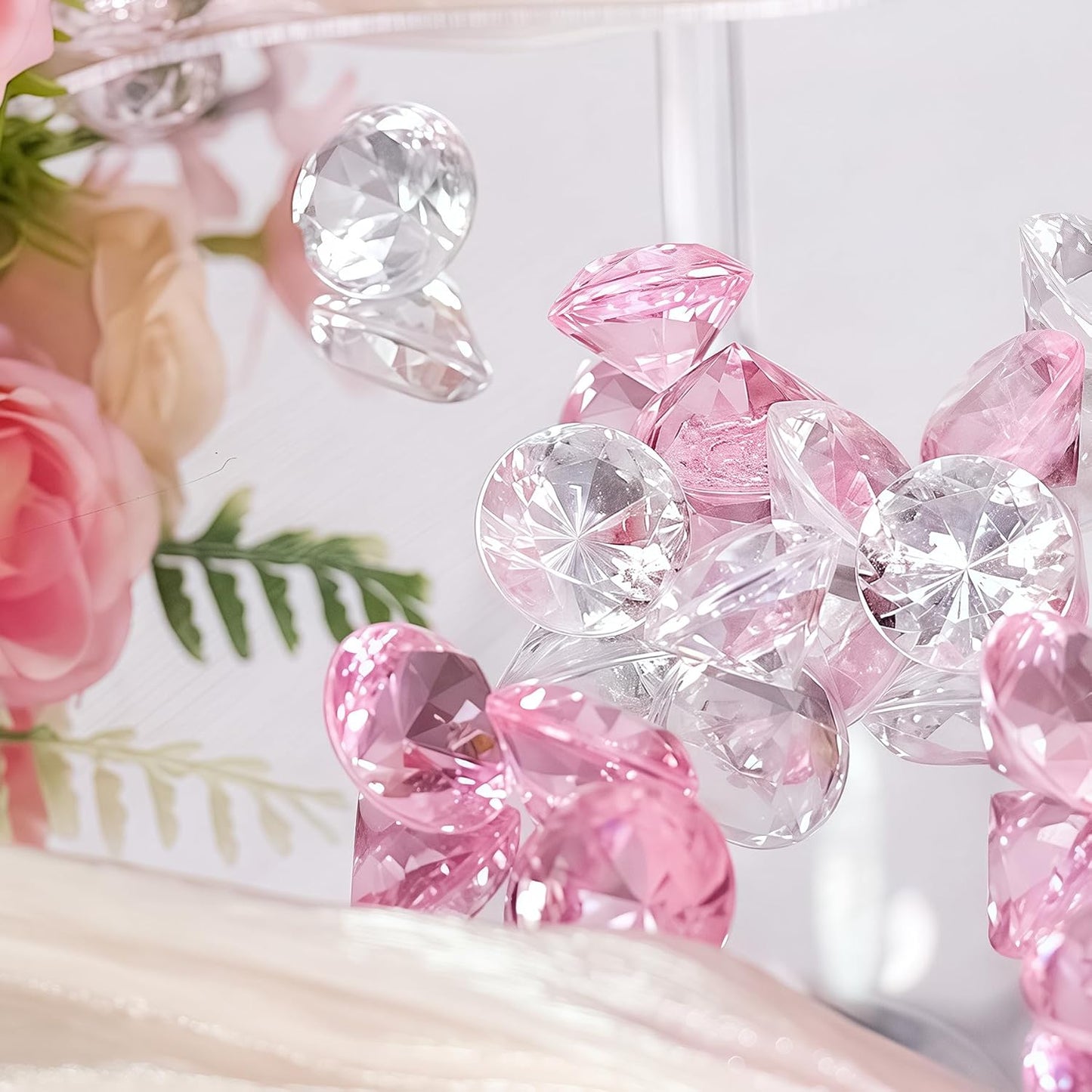 Acrylic Diamond Fake Gems Vase Filler, Babenest 240pcs 3/4 Inch Faux Diamonds Crystals Jewels for Table Scatters Wedding Party Event Arts & Crafts Birthday Decoration (240, Pink/Clear)