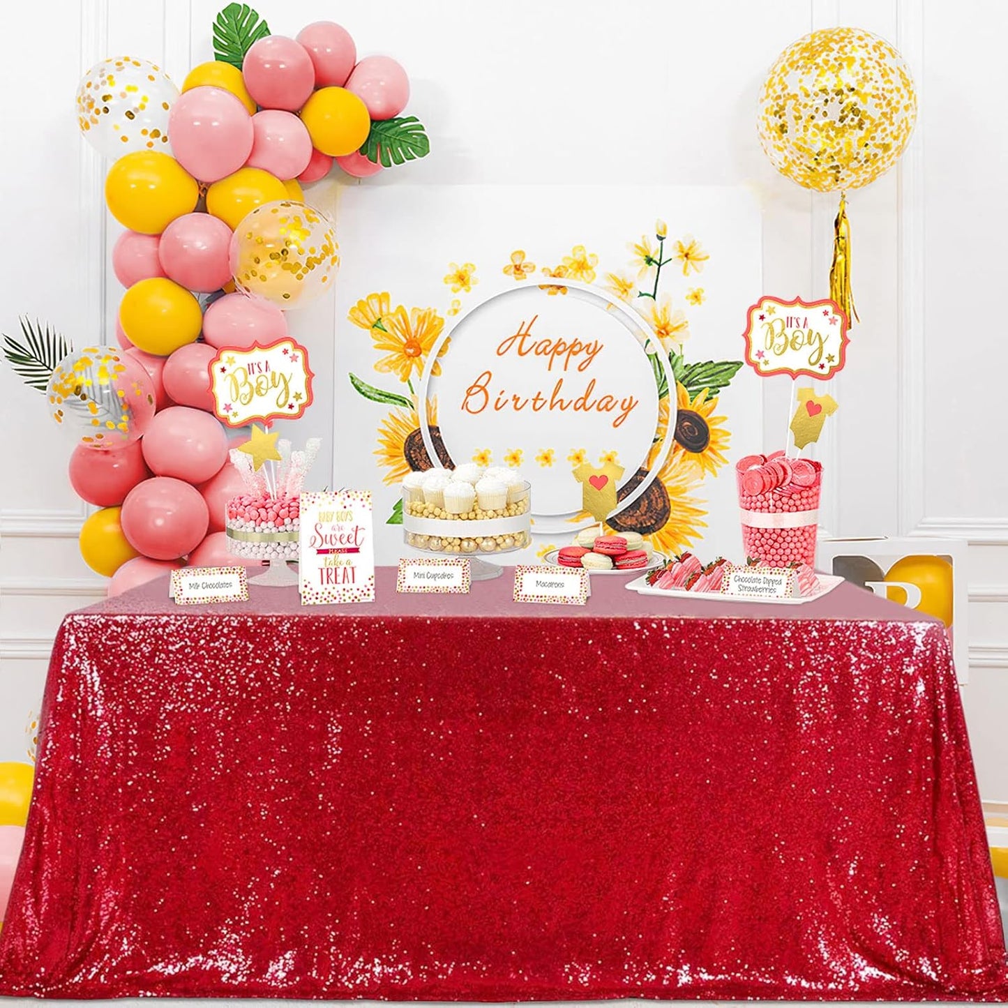 QueenDream Sparkly Sequin Tablecloth - Red Table Cloth 50x80 Inches Rectangle Table Overlay Fabric for Birthday Parties Baby Shower Decoration