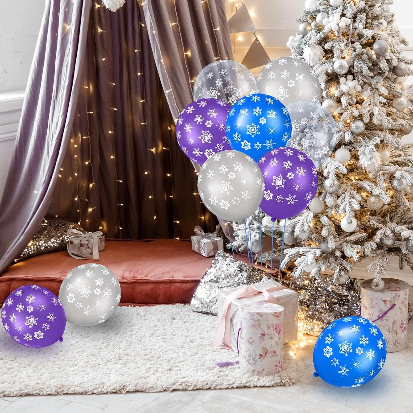 Skylety 40 Pieces Snowflake Balloons Bulk Winter Transparent Snowflake Latex Balloons for Christmas Birthday Wedding Party Decorations(Blue, Purple, Silver, Clear)